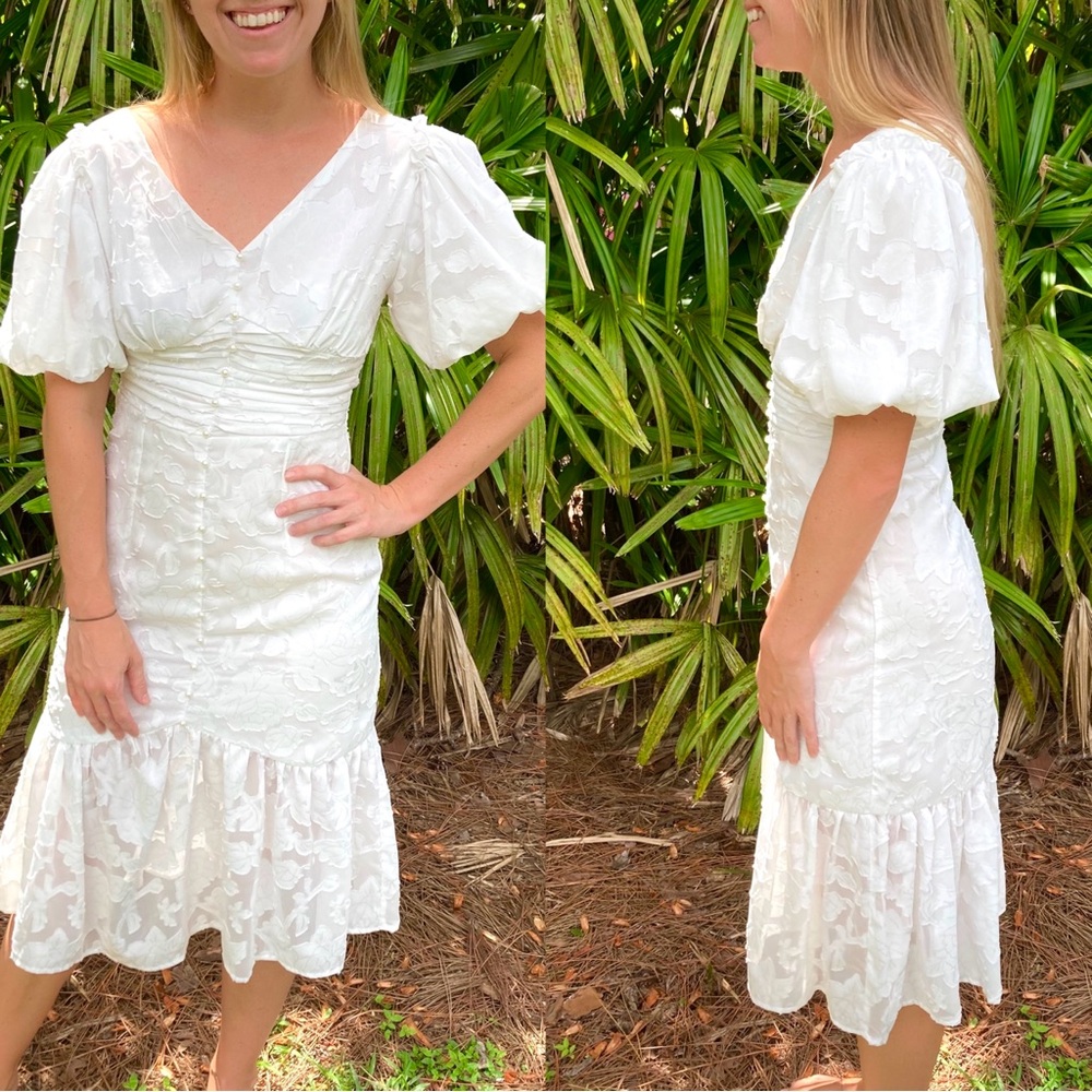 Vintage White Dress 80s Puff Sleeve Dress Wedding Dress Midi White Button Dress